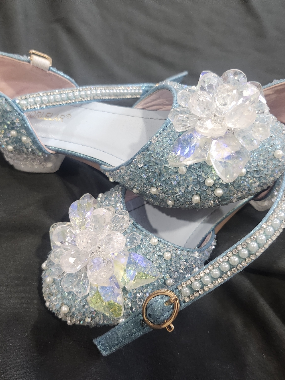 Sparkling Blue Jeweled Heels with Crystal Flower Fits Around Size 11/12